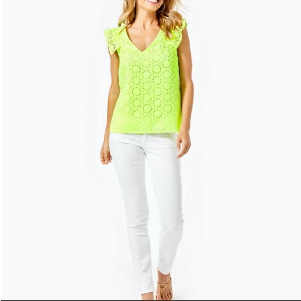 Lilly Pulitzer Neon Lime Eyelet V-Neck Flutter Sleeve Top